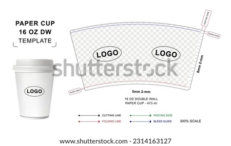 Paper cup die cut template for 16 oz Double Wall, Hot drink paper cup mockup, paper cup curved template Royalty-Free Stock Photo #2314163127