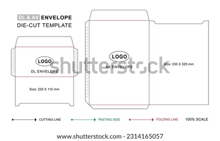 Envelope die cut template for A4 and DL, White envelope mockup Royalty-Free Stock Photo #2314165057