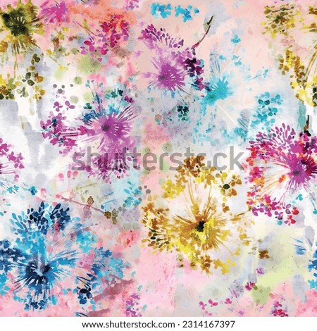 Seamless floral pattern with textured floral background in yellow, pink and blue. Hand drawn abstract botanical flower garden vector illustration design