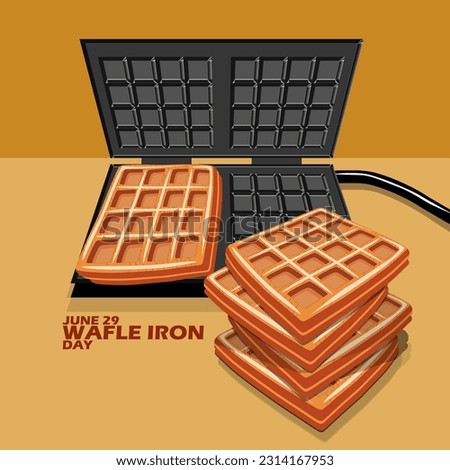 A waffle iron making waffles on a table and bold text on brown light background to celebrate National Waffle Iron Day on June 29
