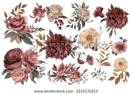 Autumn clip art dahlia flowers, seamless decorative pattern elegant print