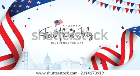 4th of July independence day poster, banner, flyer, background, template, with the greeting, usa flag waving ribbon, bunting decoration, and American famous landmarks in the background. Royalty-Free Stock Photo #2314173919