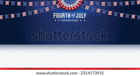 United States of America 4th of july independence day blank, copy space, product display with paper fan, bunting, and white wooden floor template background. Vector illustration. Royalty-Free Stock Photo #2314173931