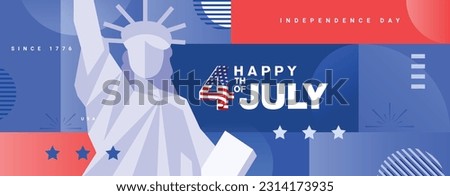 4th of july modern greeting banner, poster flyer, background with the statue of liberty, USA flag pattern, and abstract shapes. Vector illustration. Royalty-Free Stock Photo #2314173935