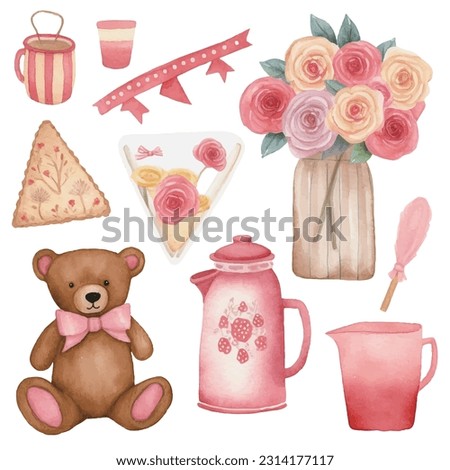 Clip art pack of watercolor bears, hearts, rose bouquets, cakes, cups and vases, romantic decorative pattern elements for wedding birthday celebration Valentine's Day