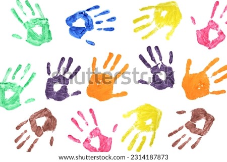 background of colorful children's handprints Royalty-Free Stock Photo #2314187873