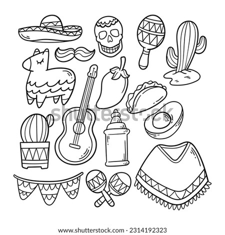 Set of Cinco de Mayo element outline sketch hand-drawn illustration