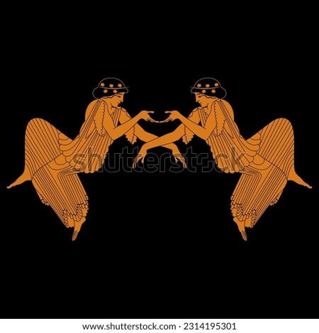 Symmetrical ethnic design with two reclining women. Ancient Greek vase painting style. On black background.