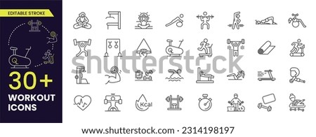 Workout exercise with equipment line icon contains such as Weight Lifting, Running, Swimming, walking, stretching and many more. Editable Stroke icons collections Royalty-Free Stock Photo #2314198197