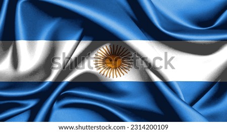 "Realistic and three-dimensional wavy drapery adds depth and movement to the national flag of Argentina. The flag features light blue and white horizontal stripes symbolizing the sky and peace respect