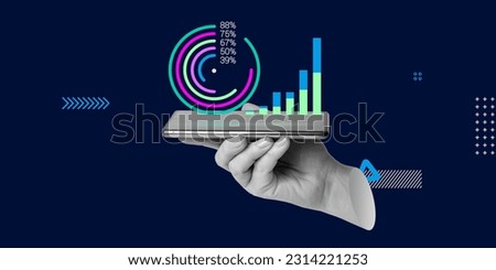 Mobile applications for data collection and analysis, auditing, business process management. Pie Chart and Bar Chart on a Smartphone Screen in a Hand. Minimalist Art Collage Royalty-Free Stock Photo #2314221253