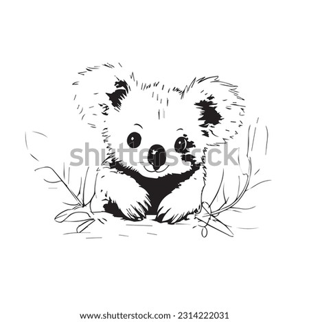 Cute koala over wall cartoon, vector illustration, black and white
