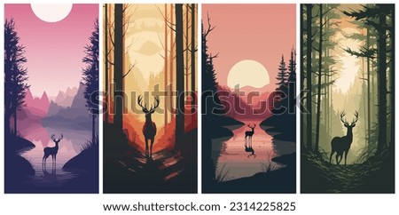 Deer in the forest. Vector set of wildlife vertical posters in different muted color tones.