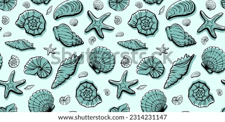 Seashell seamless pattern hand drawn art line underwater clums. Vector illustration in sketch vintage style. Great for card, package, wedding prints, decor. Royalty-Free Stock Photo #2314231147