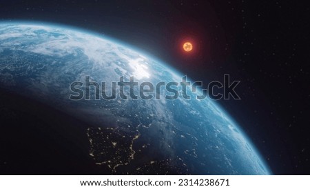 Sphere of nightly Earth planet in outer space. City lights on planet. Life of people. Solar system element with sun in a background, data from NASA