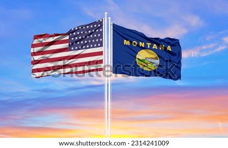 United States and Montana two flags on flagpoles and blue sky
