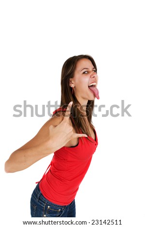 A teenage girl with a long tongue making a hand sign