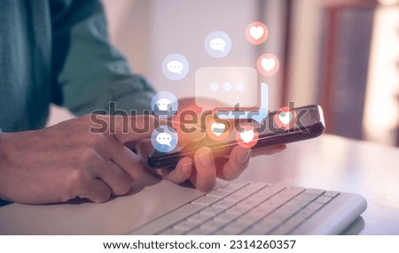 social media platform internet network concept, man using smartphone sending receiving social media connection icon love heart contact message thumb up on online network