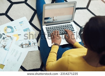 Planning, documents and woman on computer screen, data analytics or website design for remote work in business research. Charts, graphs and person typing, editing and infographics on laptop on floor