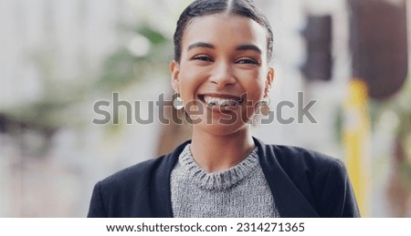 Happy, city and portrait of business woman smile for morning commute, professional career and pride. Confident, face and young female employee in urban town outdoors for happiness of job motivation Royalty-Free Stock Photo #2314271365