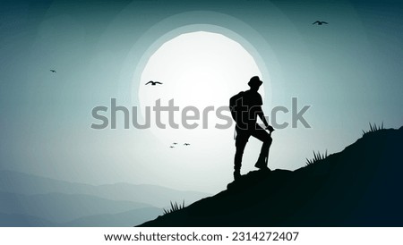 Travelers climb with backpack, a Man hiking in the mountains with backpack, silhouette of a person in the mountains, person with backpack for hiking silhouette vector