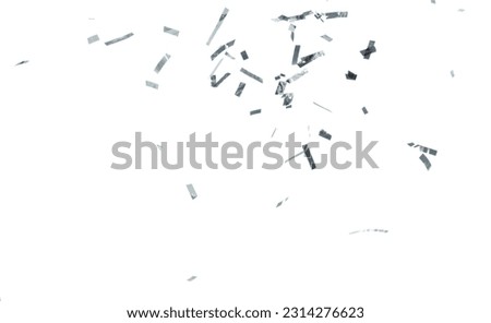 Silver Confetti Foil fall splashing in air. Silver Confetti Foil explosion flying, abstract cloud fly. Many Party glitter scatter in many group. White background isolated high speed shutter freeze