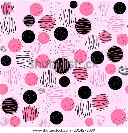 Seamless abstract geometric pattern, black and pink circles, polka dots, stripes and dots.