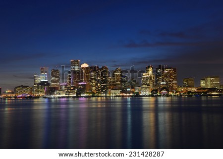 Boston City Skyscrapers, Custom House and Boston Waterfront at night from East Boston, Boston, Massachusetts, USA