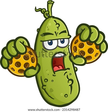 A grumpy old pickle cartoon character holding a couple pickleballs in his fists and ready to start some trouble on the court vector illustration Royalty-Free Stock Photo #2314298487
