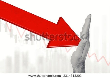 Hand blocking the red arrow going down - Crises or recession prevention concept