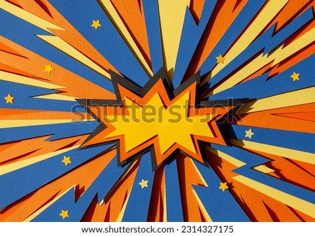 Handmade paper cutout pop art comic background with speech bubble. Cartoon flat style. In yellow, orange and blue color. Lightning. Concept. 