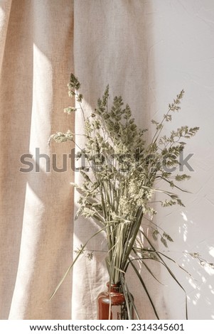 Aesthetic minimalist floral interior arrangement, green meadow grass in brown vase, sunlight rays and shadows on a beige linen curtain background, nordic home decoration