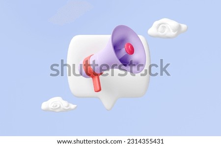 3d purple megaphone or cartoon hand speaker on speech bubble with cloud isolated on blue. announce promotion news for social media networks, online marketing, 3d render illustration, Clipping path