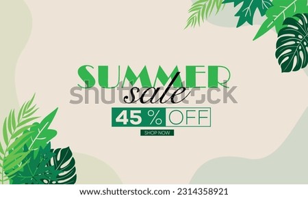 leaves summer sale 45% off banner, summer sale 45% off template banner, summer sale leaf banner background