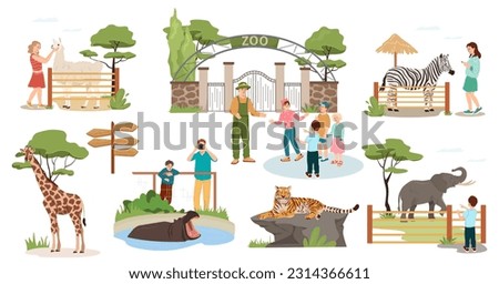 Zoo landscape elements. Cartoon set of happy kids with parents looking at different animals in the zoo. Zoological park collection. Flat vector illustration isolated on white background Royalty-Free Stock Photo #2314366611