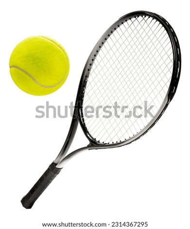 Tennis racket and Yellow Tennis ball sports equipment isolated on white With work path. Royalty-Free Stock Photo #2314367295