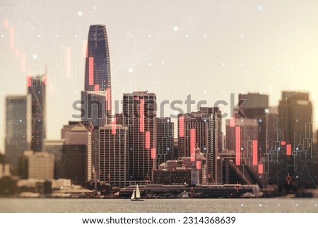 Abstract virtual global crisis chart and world map sketch on San Francisco office buildings background, falling markets and collapse of global economy concept. Double exposure
