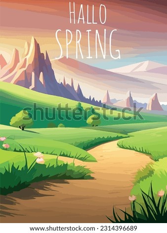 Nature and landscape. Vector illustration of trees, forest, mountains, plants, green spring meadows. Spring landscape, postcards or covers