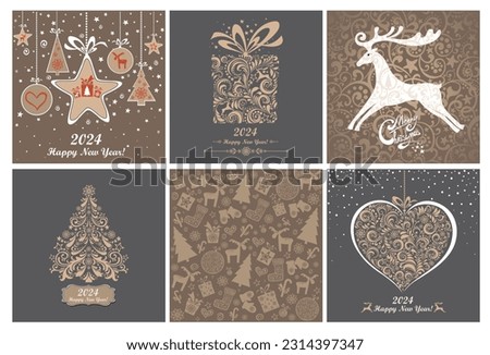 2024 Merry Christmas and Happy New Year Set of greeting cards, posters, holiday covers. Xmas templates with calligraphy and season wishes in modern vector minimalist style for web, social media, print