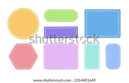 Cloth patches with stitches. Different color fabric badge, textile label with sew seams. Patchwork. Canvas shapes on white background. Vector set. Needlework craft on fabric of various shape Royalty-Free Stock Photo #2314401649