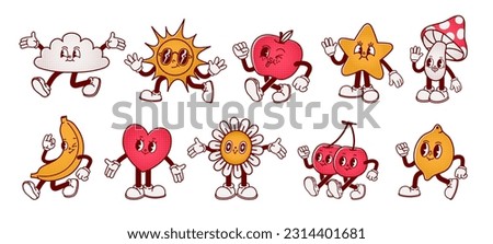 Cartoon abstract character. Retro trendy characters, comic sun and cloud, mascot running cherry, shape star with legs and hands, heart with funny face, vintage mushroom. Vector set. Chamomile flower Royalty-Free Stock Photo #2314401681