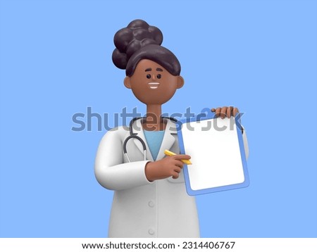 3D illustration of Female Doctor Juliet shows finger up holds blank clipboard. Medical clip art isolated on blue background. Health insurance concept. Best choice or recommendation metaphor
