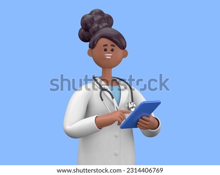 3D illustration of Female Doctor Juliet working with laptop computer and writing on paperwork. Hospital background.Medical presentation clip art isolated on blue background
