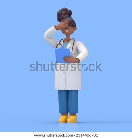 3D illustration of Female Doctor Juliet confused. Thinking woman touches head and looks at camera. Medical clip art isolated on blue background. Problem solving concept. Professional therapist at work