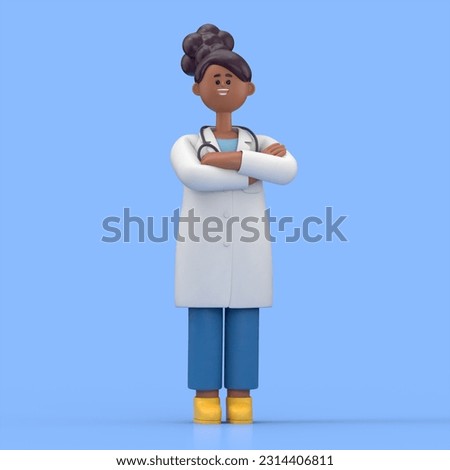 Close up portrait of Female Doctor Juliet with arms crossed. Medical presentation clip art isolated on blue background
