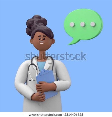 3D illustration of Female Doctor Juliet holds blue clipboard. Professional caucasian male specialist. Medical clip art isolated on blue background. Hospital assistant
