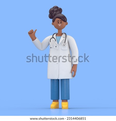 3D illustration of Female Doctor Juliet shows thumb up. Medical clip art isolated on blue background. Best choice concept. Health care recommendation metaphor
