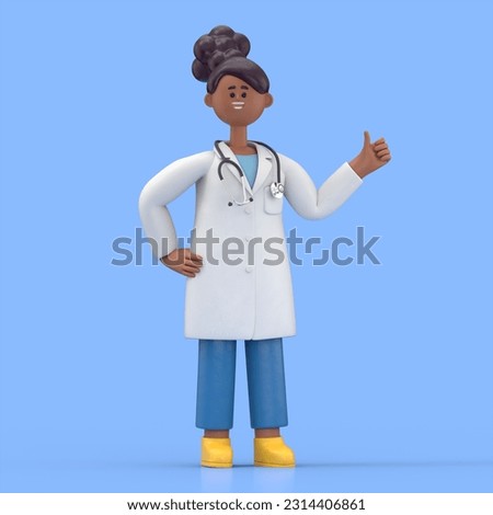 3D illustration of Female Doctor Juliet shows thumb up. Medical clip art isolated on blue background. Best choice concept. Health care recommendation metaphor
