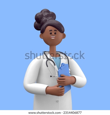 3D illustration of Female Doctor Juliet holds blue clipboard. Professional caucasian male specialist. Medical clip art isolated on blue background. Hospital assistant
