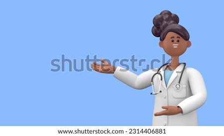 3D illustration of Female Doctor Juliet shows inviting gesture. Happy professional caucasian male specialist. Medical presentation clip art isolated on blue background
